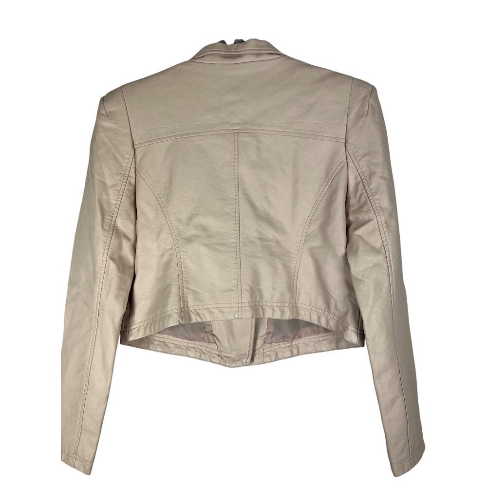 Shinestar Cropped Moto Jacket Faux Leather Beige Blush Zip Shoulder Pads L Y2K - Picture 16 of 16